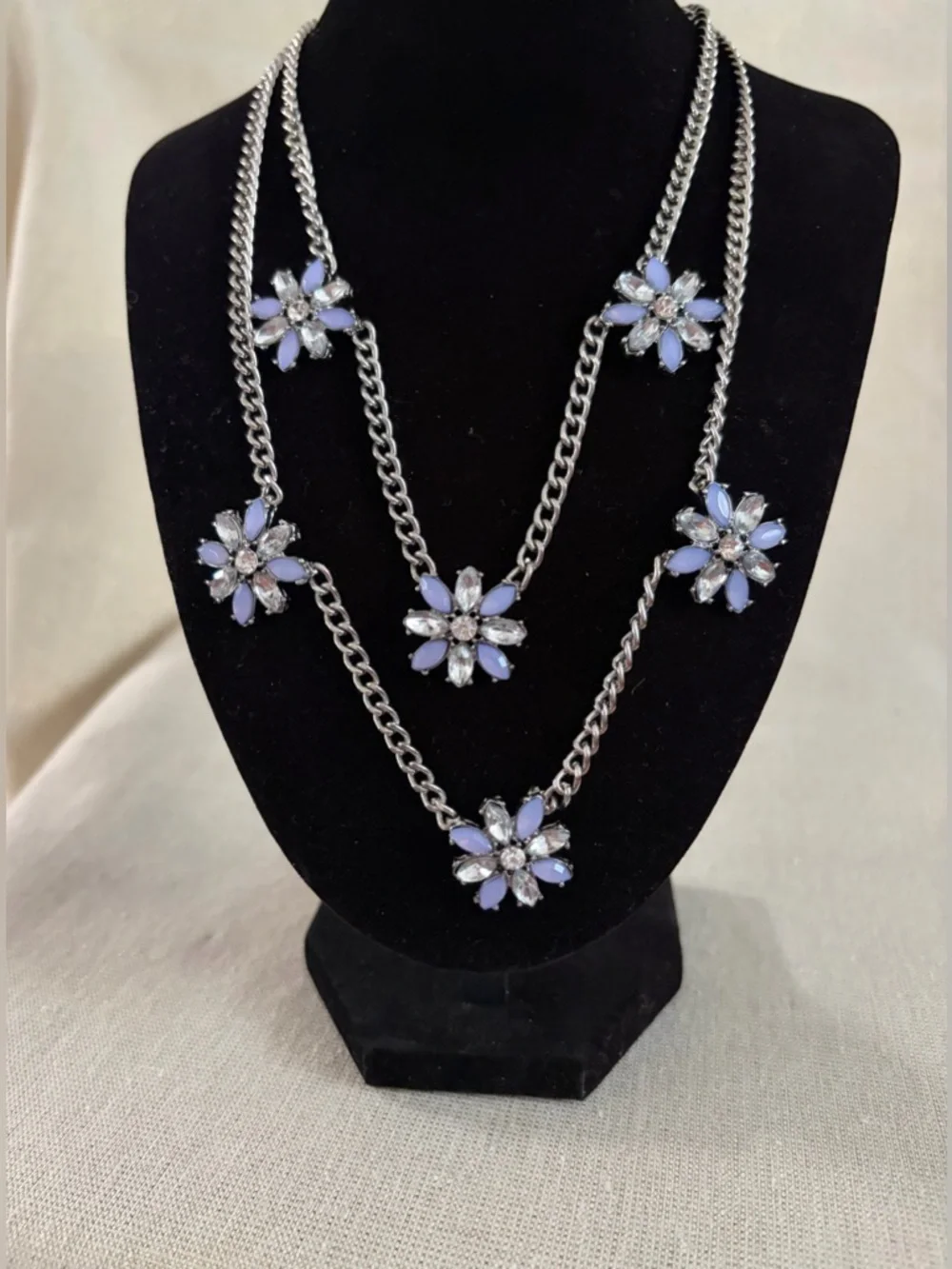 Silver Chain Multi-Flower Necklace with Lavender Crystal Petals